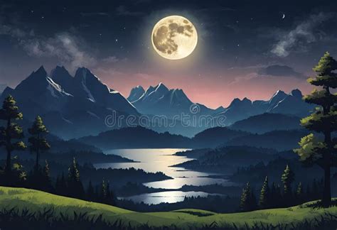 Galaxy Full Moon Night Landscape Background. Northen Lights Stock Illustration - Illustration of ...