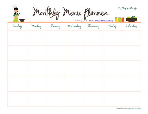 Free menu calendar template monthly - drumvirt