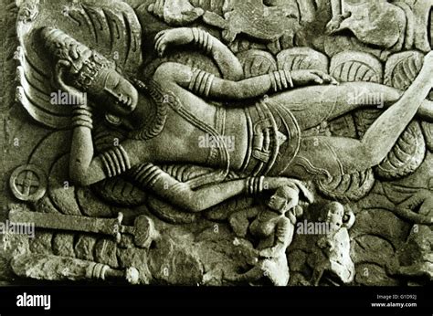 Sculpted relief showing Anantashayi Vishnu (The Hindu god Vishnu sleeping on a serpent) Detail ...