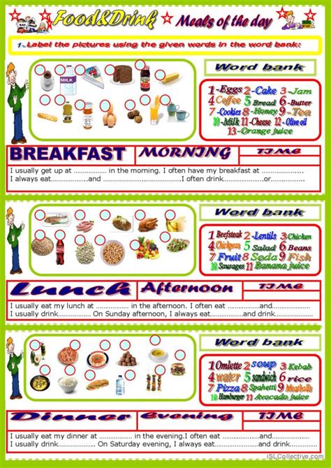 Meals of the Day: English ESL worksheets pdf & doc