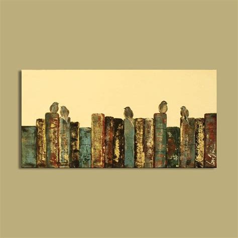 Large Original Abstract Painting Library Books Birds 15 x 30 Smart Art ...