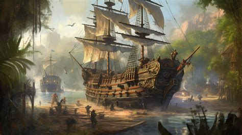 Painting Of A Pirate Ship Near The River Background, Pirates Picture, Pirate, Pirates Background ...