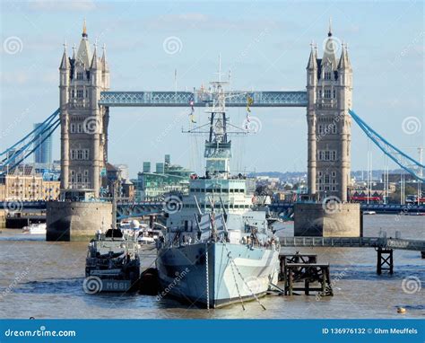 London Cityscape, View from London Bridge on HMS Belfast and Tower ...