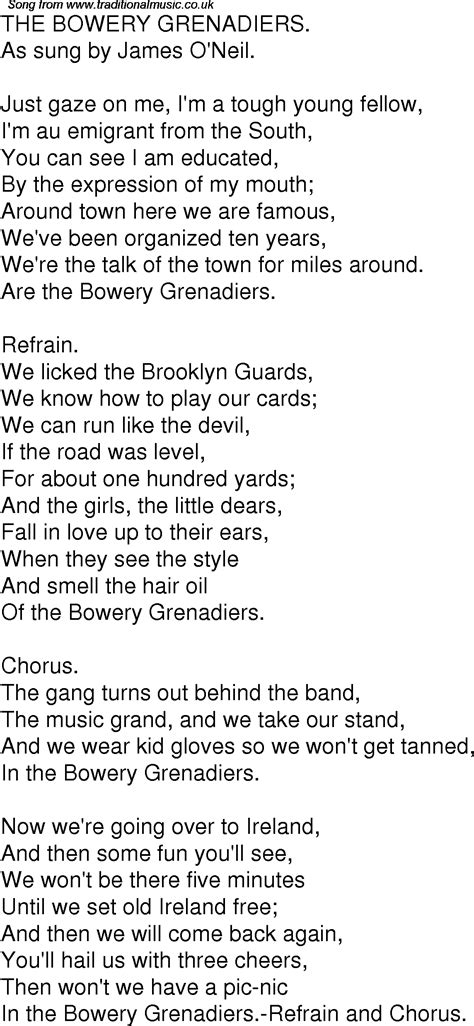 Old Time Song Lyrics for 05 The Bowery Grenadiers