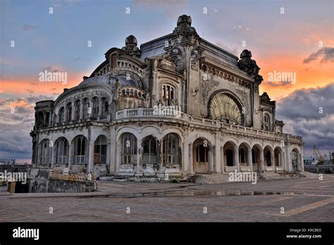 The Casino building in Constanta on the promenade of the Black Sea coast with lit street light ...