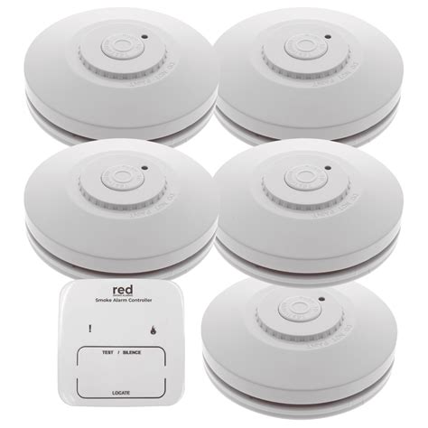 5x RED R10RF Photoelectric Interconnected Wireless Smoke Alarms with Remote Controller | 10Yr ...