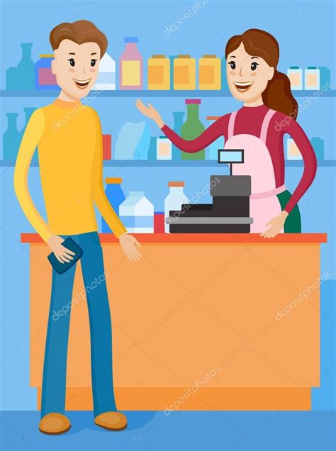 Seller and buyer at store — Stock Vector © Polyudova #141134392