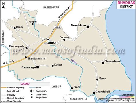 District Map of Bhadrak showing major roads, district boundaries, headquarters, rivers and other ...