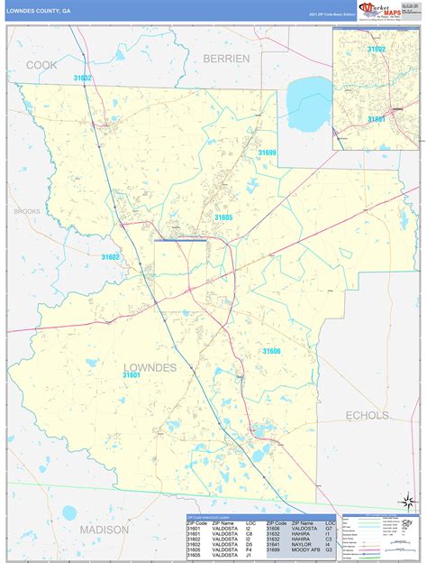 Lowndes County, GA Zip Code Wall Map Basic Style by MarketMAPS