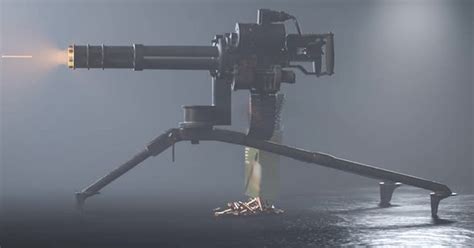 Minigun firing to the invisible target. Deadly firearm rapidly shooting bullets., Stock Video ...