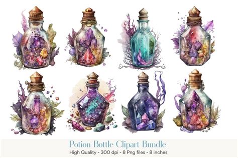 Watercolor Potion Bottles Clipart, Potion Bottle Png, Watercolor Halloween Clipart, Fantasy ...