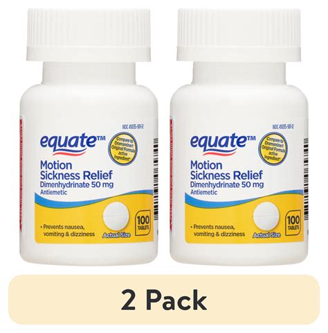 (2 pack) Equate Dimenhydrinate 50mg Tablets for Motion Sickness and Nausea Relief, 100 Count ...