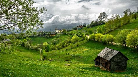 Serene Village Landscape - HD Wallpaper