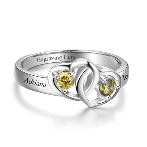 locked Hearts Personalized Ring Custom Engrave Names & Birthstone Promise Rings 925 Sterling ...