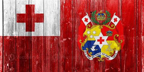 Flag and coat of arms of the Kingdom of Tonga on a textured background ...