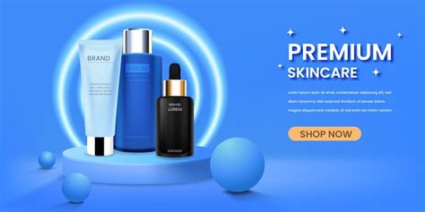 Premium Vector | Set of Skin care on blue podium with circle light