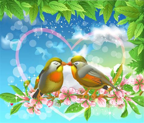 Loving Birds Kissing On A Branch Stock Vector - Illustration of couple, creature: 36757213