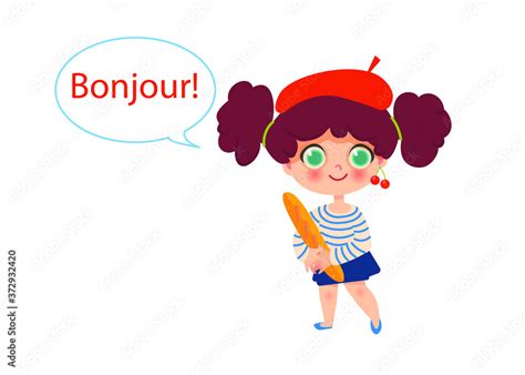 Little french girl saying "Hello" in French and holding french baguette ...