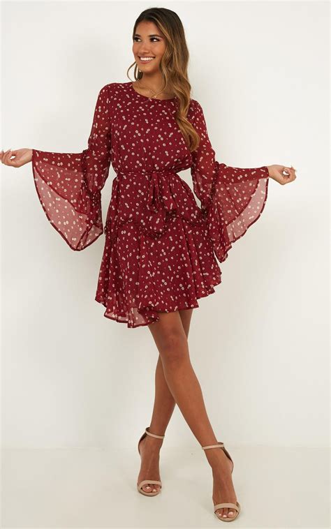 So Whats Next Bell Sleeve Mini Dress in Wine Floral | Paisley print ...