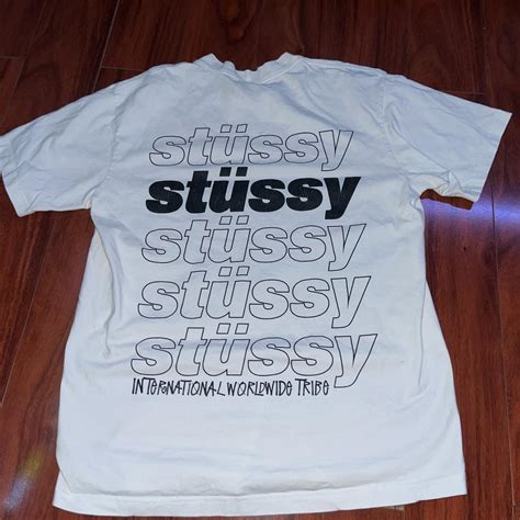 stussy white t-shirt international worldwide... - Depop