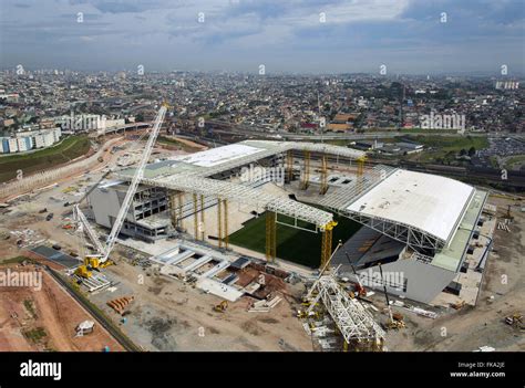 Aerial view of the construction work of the Corinthians stadium Arena ...