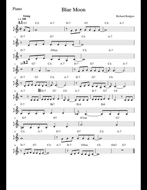 Blue Moon en DO sheet music for Piano download free in PDF or MIDI