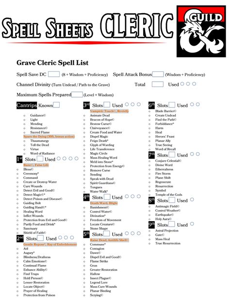 Class Specific Spell Sheets - Cleric - v1.8 (EE, UA & XGtE) - Dungeon Masters Guild | Dungeon ...