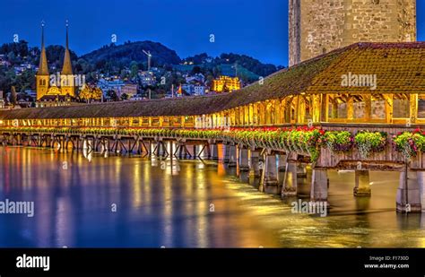 Chapel bridge or Kapellbrucke by night, Lucerne, Switzerland Stock ...