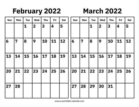 February and March 2022 Calendar - A Printable Calendar