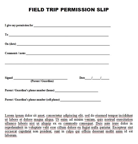 Printable Field Trip Permission Slip Template