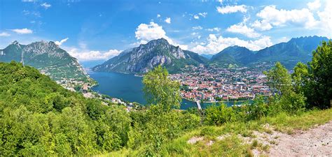 Lake Como scenery panoramic view from the hill above town of Lec ...