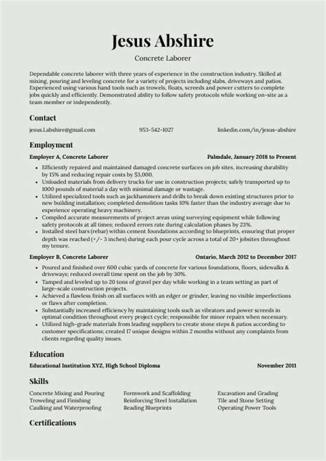 Concrete Laborer Resume (CV) Example and Writing Guide