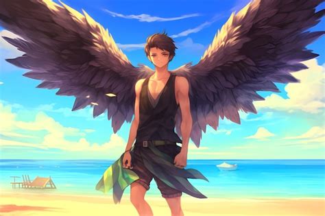 Premium Photo | A boy with wings on his back stands on a beach with a blue sky in the background