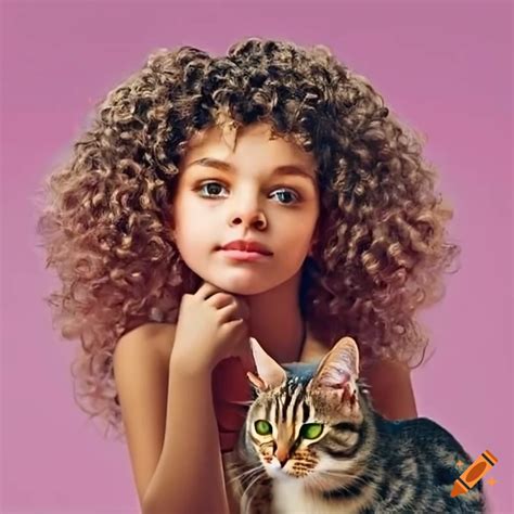 Mixed girl with curly hair and a tabby cat on Craiyon