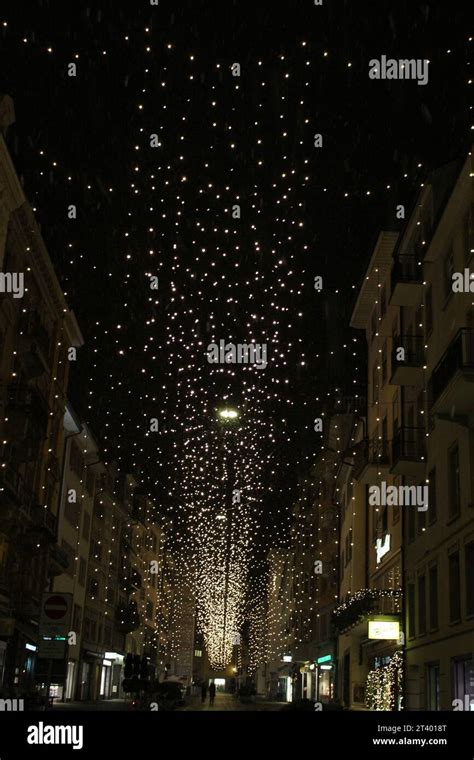 Christmas street lights in Zurich, Switzerland at night. Evening ...