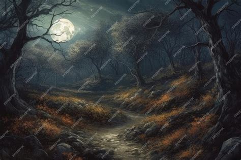 Premium AI Image | A forest path with a full moon in the background.