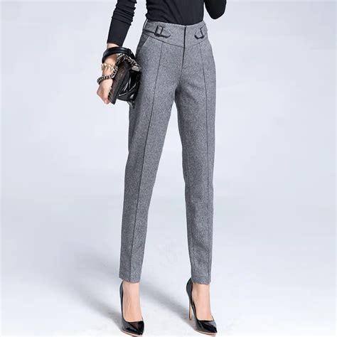 Fashion Wool Pencil Pants Trousers Womens Slim Casual Carrot Skinny Trousers Ladies Dress Gray ...