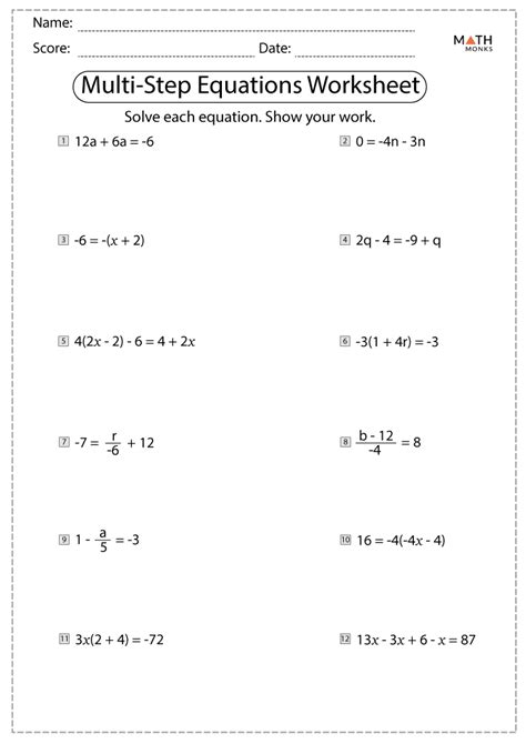 Solving Equations: Distribute and Combine Worksheets - Level A ...