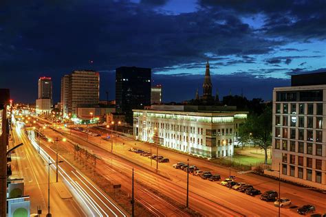 Wide angle long exposure aerial night view of Lodz cityscape with mix ...