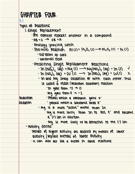 Chem 113 In Class Unit 4 - CHAPTER FOUR Types of Reactions 1. Single Replacement · one element ...