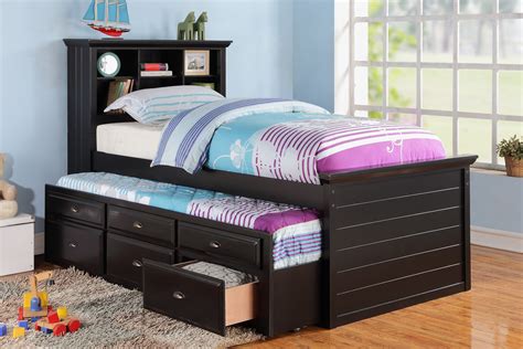 Black Wood Bookcase Kids Twin Bed Storage Trundle Drawer F9219 | Casye Furniture