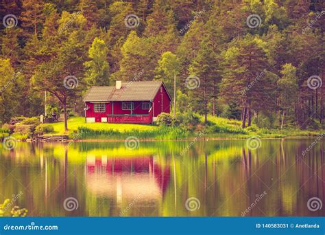 Wooden Cabin in Forest on Lake Shore, Norway Stock Image - Image of ...