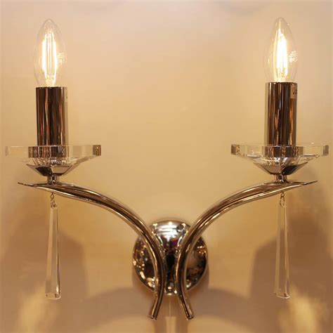 Art Deco Double Wall Light - Polished Chrome and Crystal - Lightbox