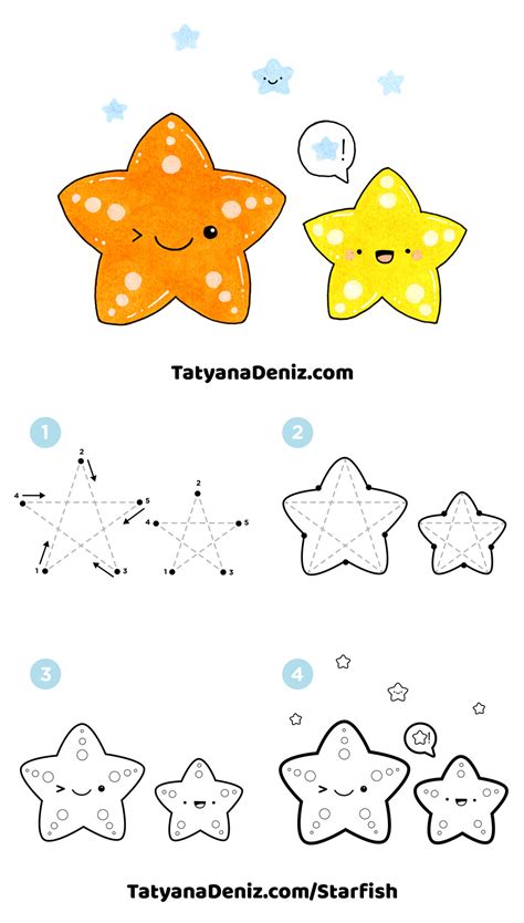 How to Draw Kawaii Starfish Step-by-step Tutorial by Tatyana Deniz