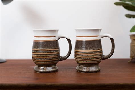 Vintage Studio Mugs- Pair of Striped Pottery Mugs - Brown Ceramic Coffee Mugs - Sediment Style cups