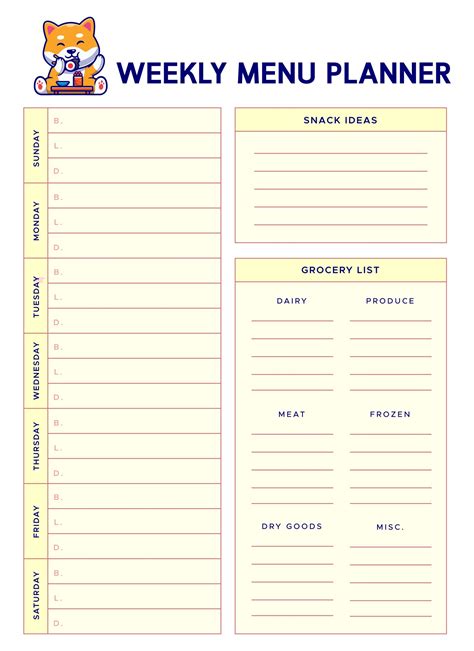 Printable Weekly Meal Planner Grocery List