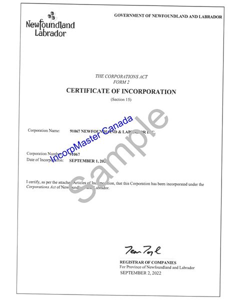 Sample of Certificate of Incorporation NL - Nuans Canada