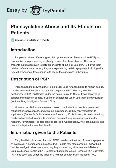 Phencyclidine Abuse and Its Effects on Patients - 604 Words | Essay Example