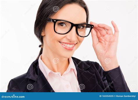 Smart Beautiful Woman in Glasses Smiling and Adjusting Her Glasses Stock Image - Image of ...