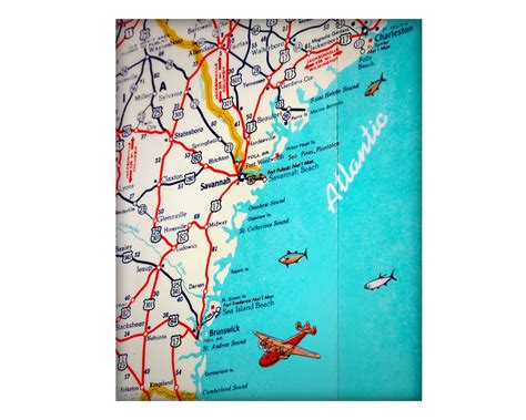 Savannah Georgia Beach Retro Map Print Funky Vintage Turquoise | Etsy ...